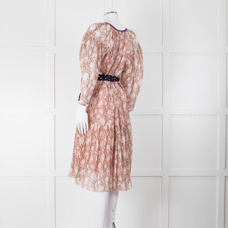 Chloe Misty Pink Floral Chiffon Midi Dress with Belted Waist