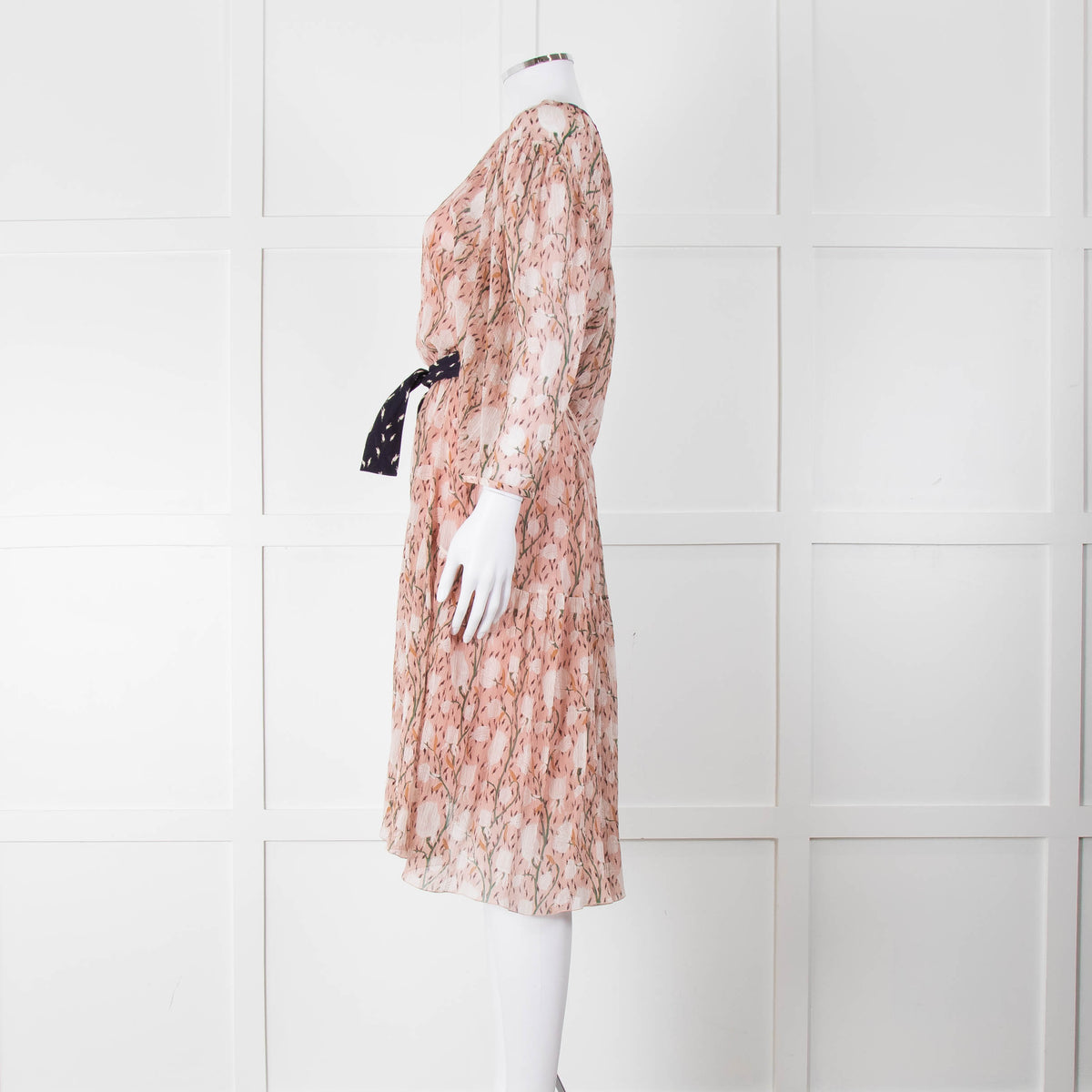 Chloe Misty Pink Floral Chiffon Midi Dress with Belted Waist