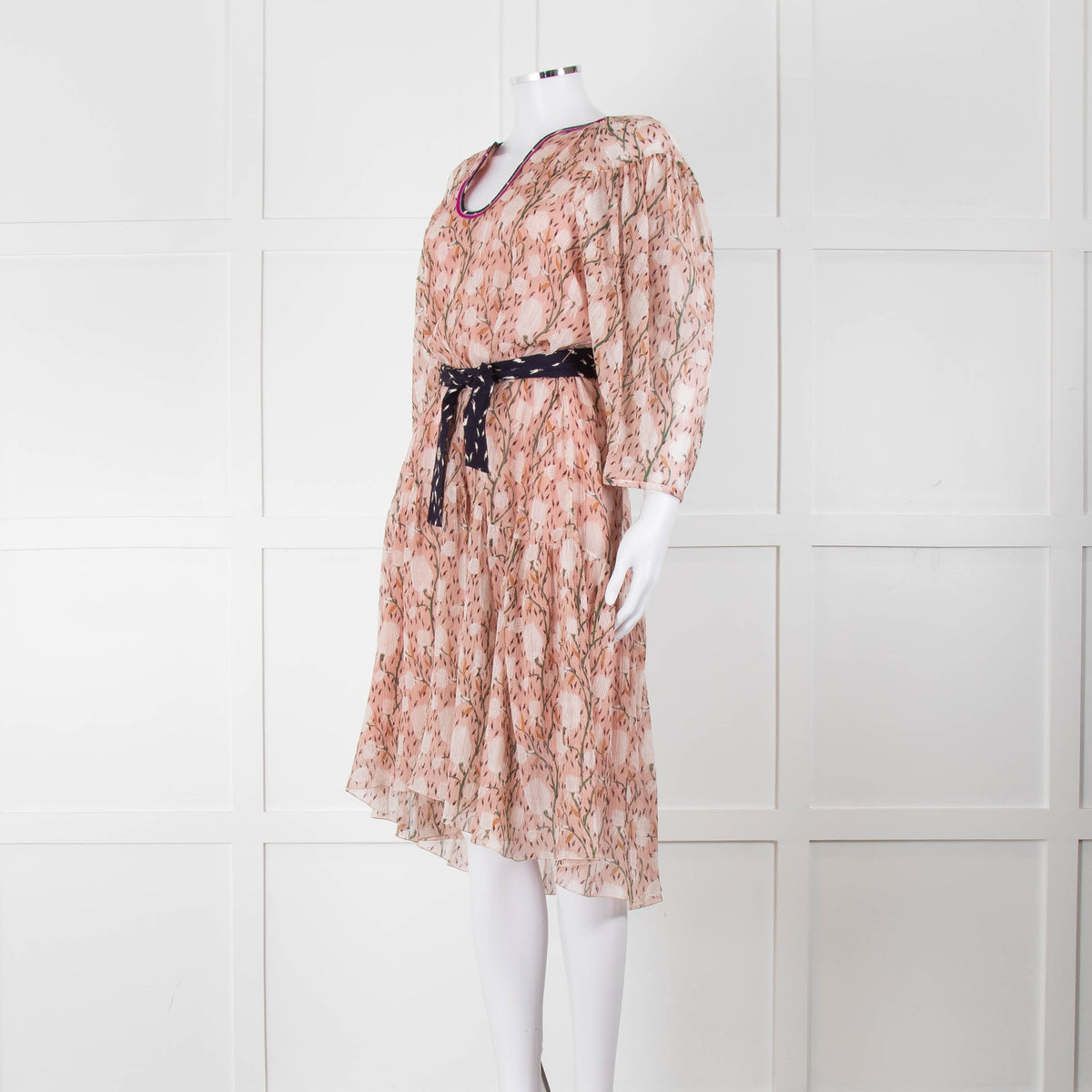 Chloe Misty Pink Floral Chiffon Midi Dress with Belted Waist