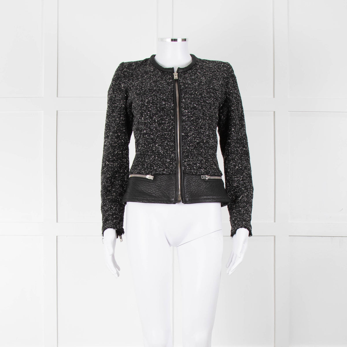 Iro Black Boucle Jacket with Leather Trim