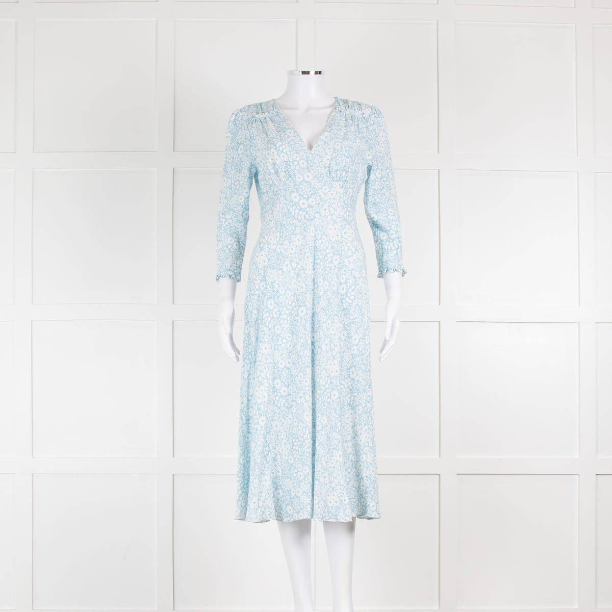 Rixo Pale Blue Floral Bias Cut V Neck Dress