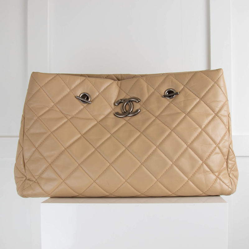 Chanel Beige Quilted Ruthenium Chain Calfskin Tote Bag