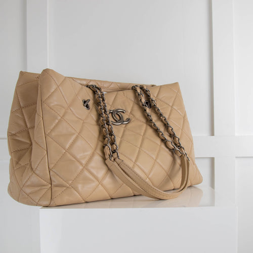 Chanel Beige Quilted Ruthenium Chain Calfskin Tote Bag