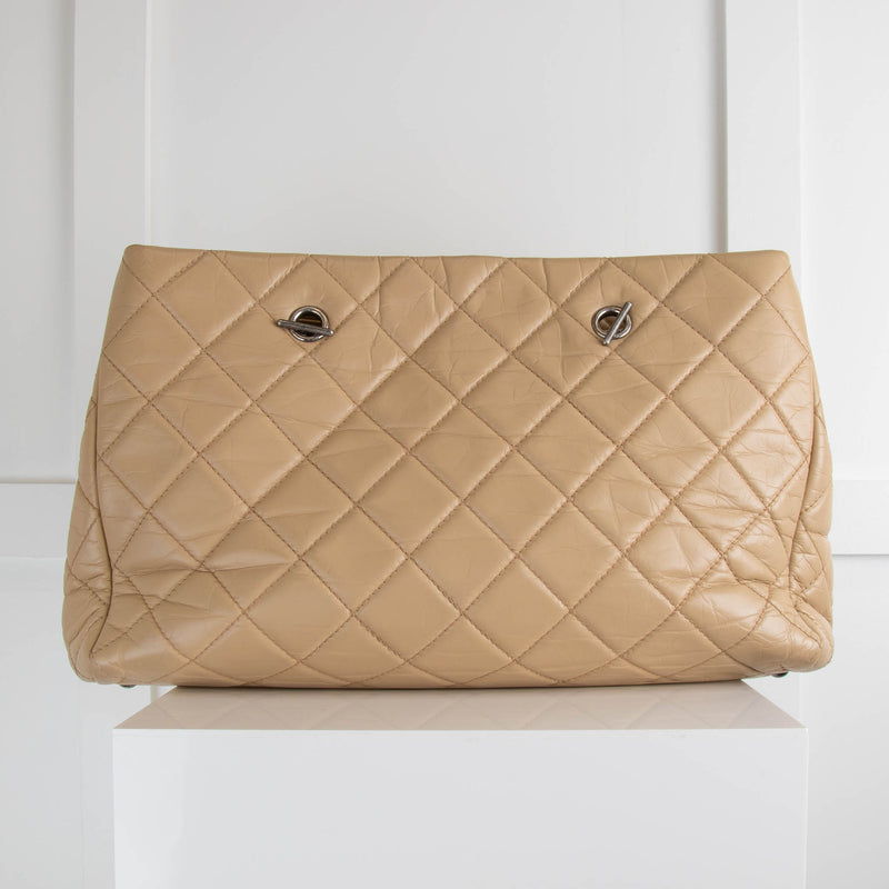 Chanel Beige Quilted Ruthenium Chain Calfskin Tote Bag