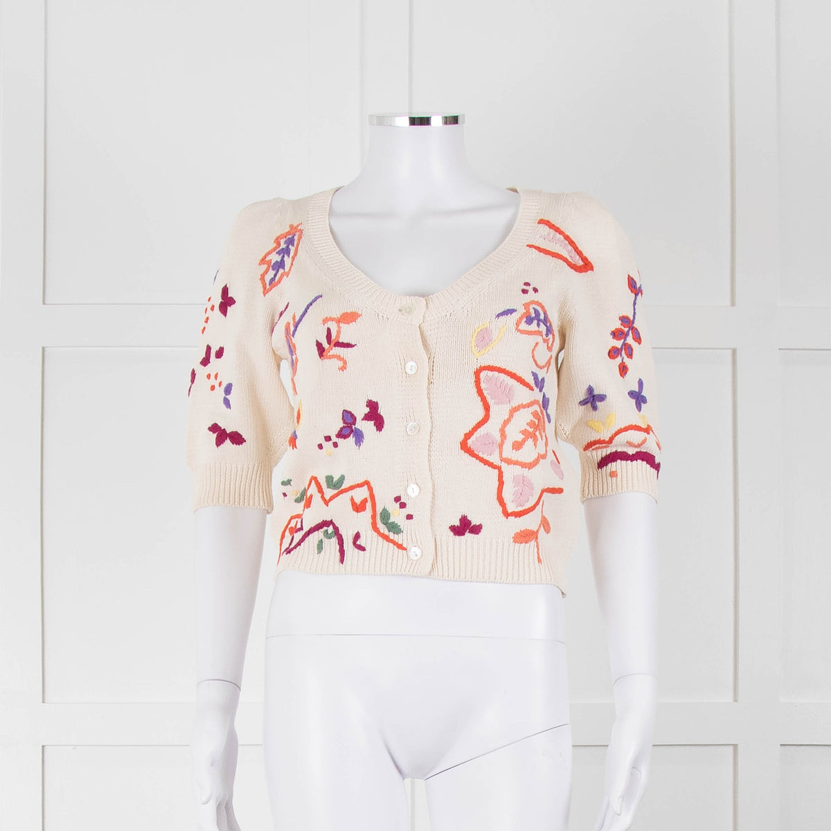 Max & Co Cream Cotton Knit Cardigan with Abstract Flower Embroidery