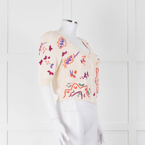 Max & Co Cream Cotton Knit Cardigan with Abstract Flower Embroidery