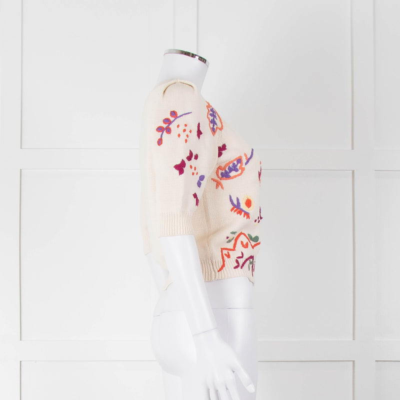 Max & Co Cream Cotton Knit Cardigan with Abstract Flower Embroidery