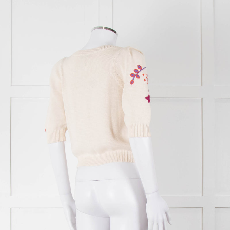 Max & Co Cream Cotton Knit Cardigan with Abstract Flower Embroidery