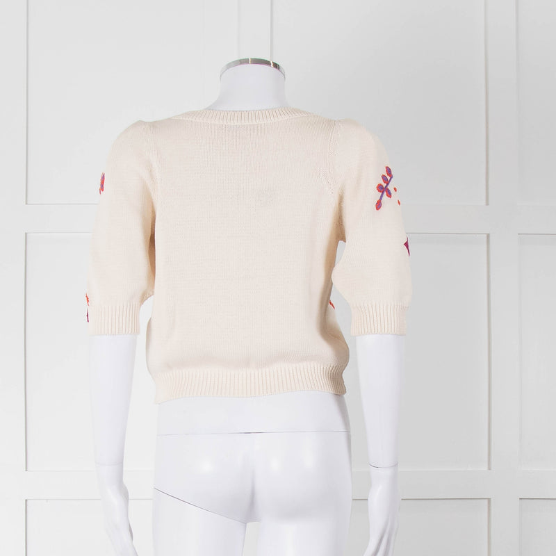 Max & Co Cream Cotton Knit Cardigan with Abstract Flower Embroidery