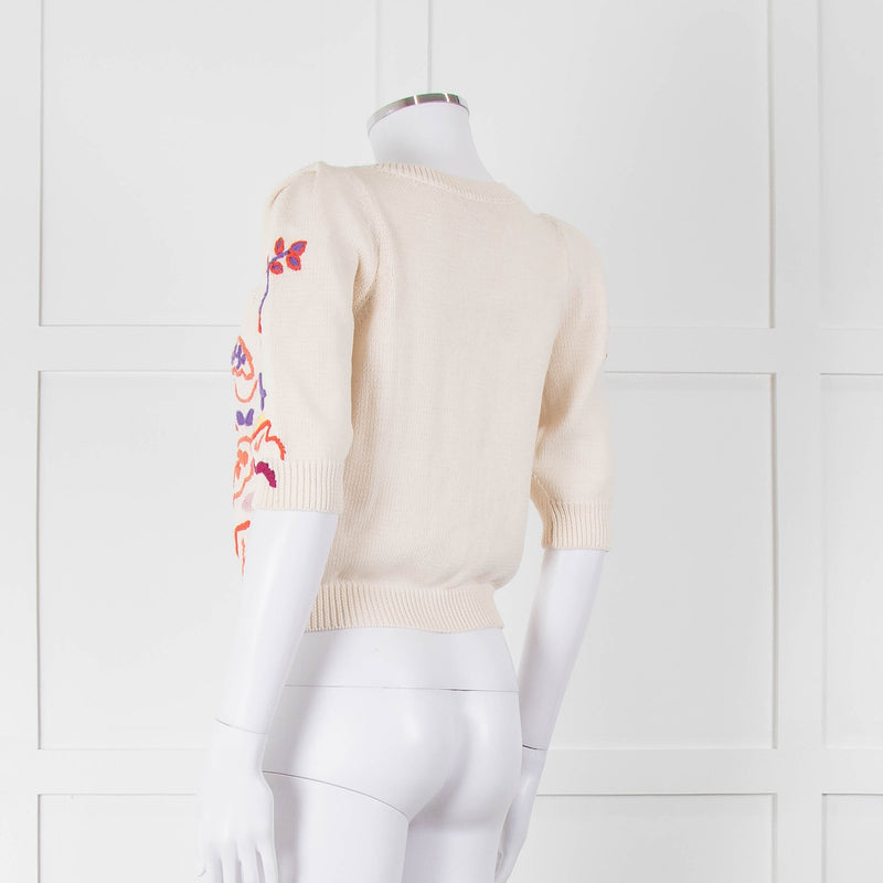 Max & Co Cream Cotton Knit Cardigan with Abstract Flower Embroidery