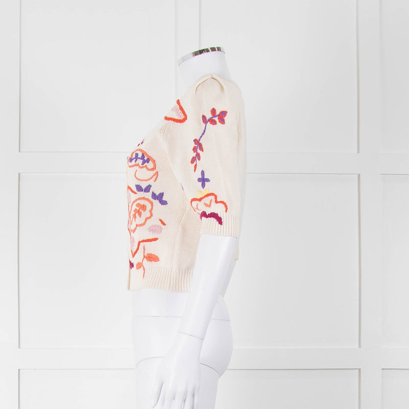 Max & Co Cream Cotton Knit Cardigan with Abstract Flower Embroidery