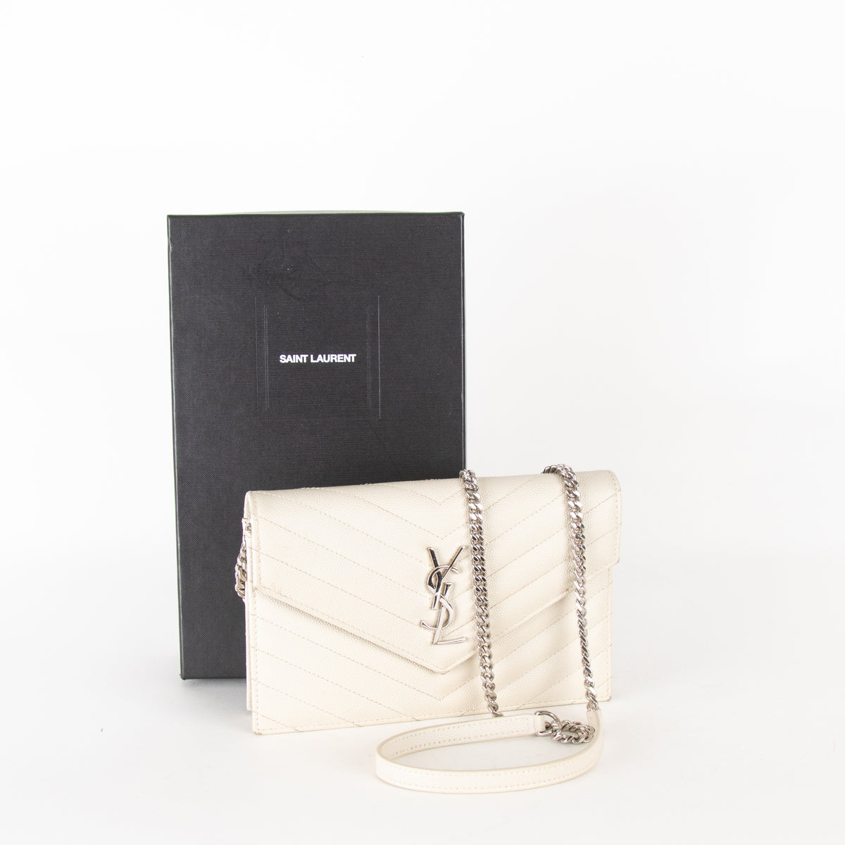 Saint Laurent Cream Cassandre Envelope Chain Wallet with Chain
