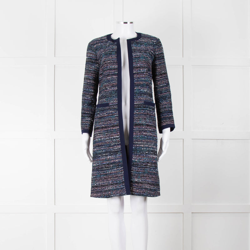 Diane Von Furstenberg Blue Tweed Collarless Coat