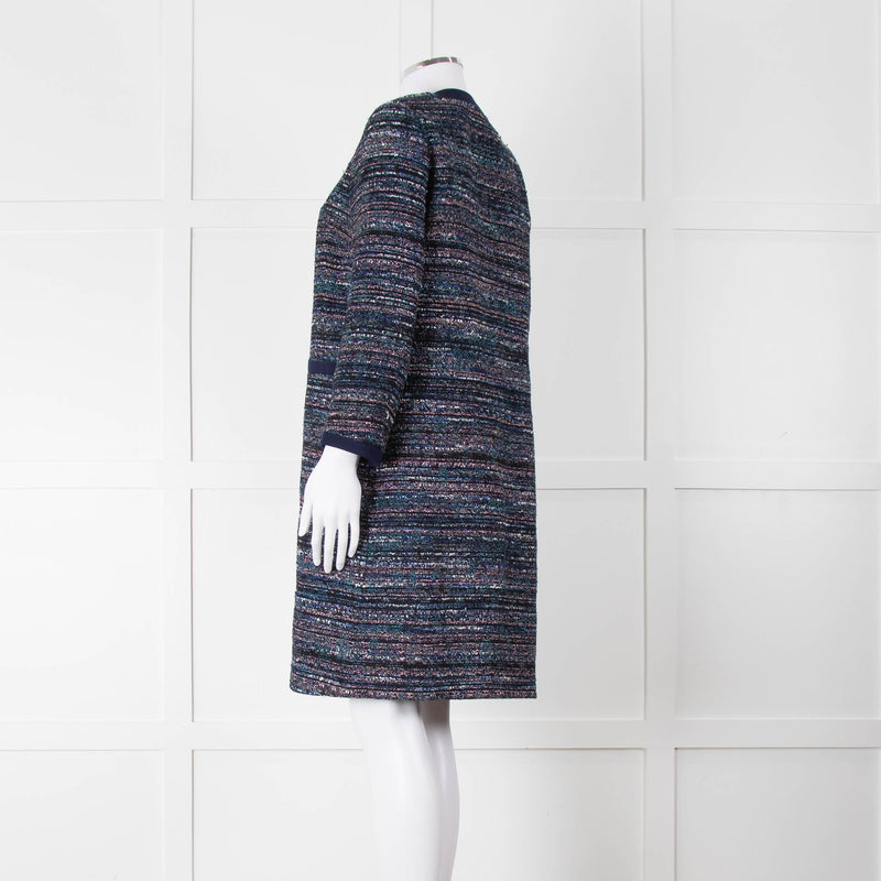 Diane Von Furstenberg Blue Tweed Collarless Coat