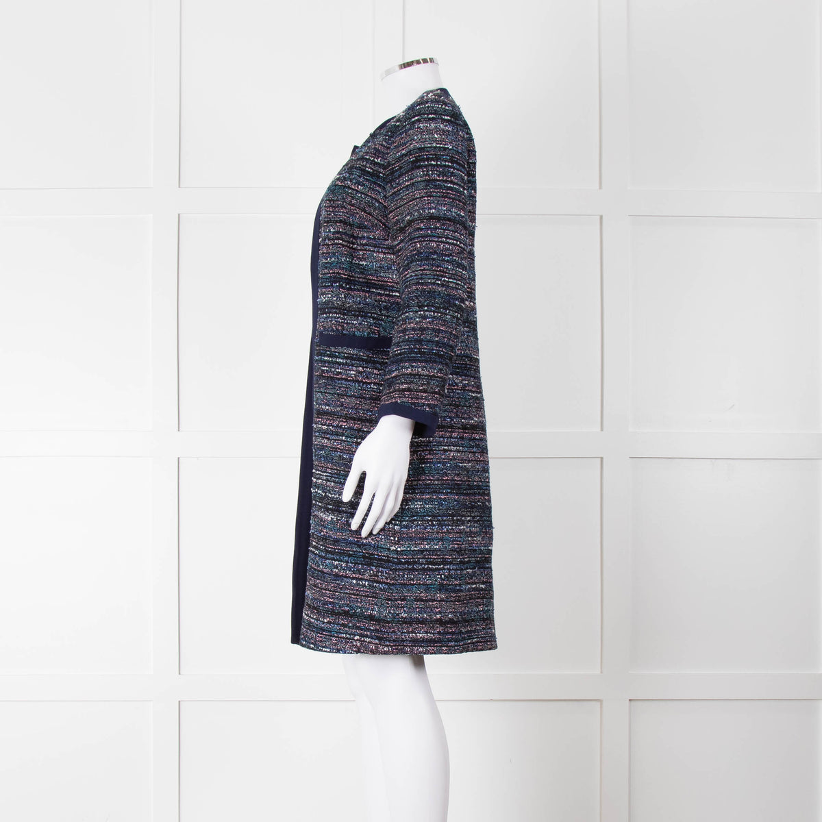 Diane Von Furstenberg Blue Tweed Collarless Coat