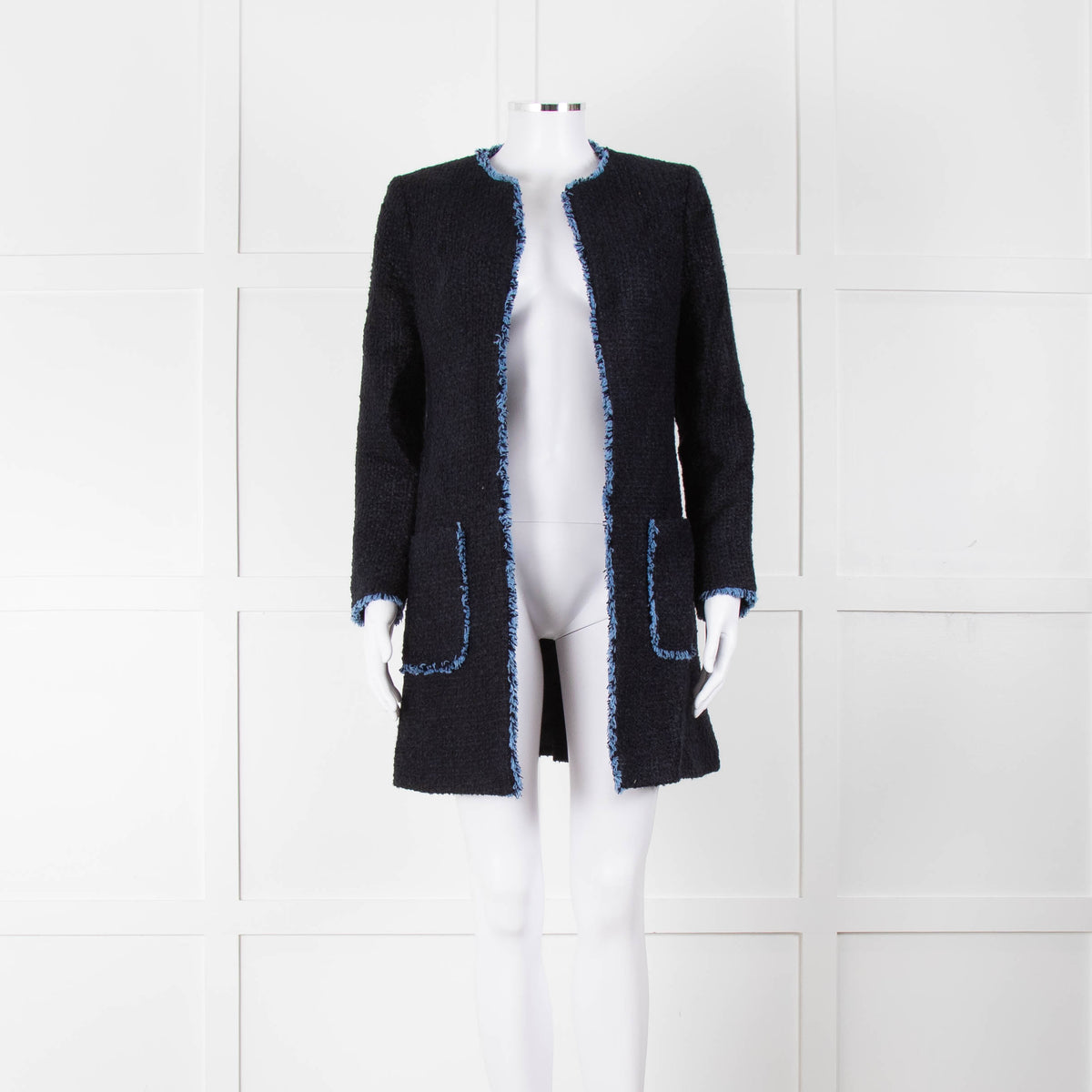Helene Berman X Trilogy Navy Boucle Coat with Blue Fringe Trim