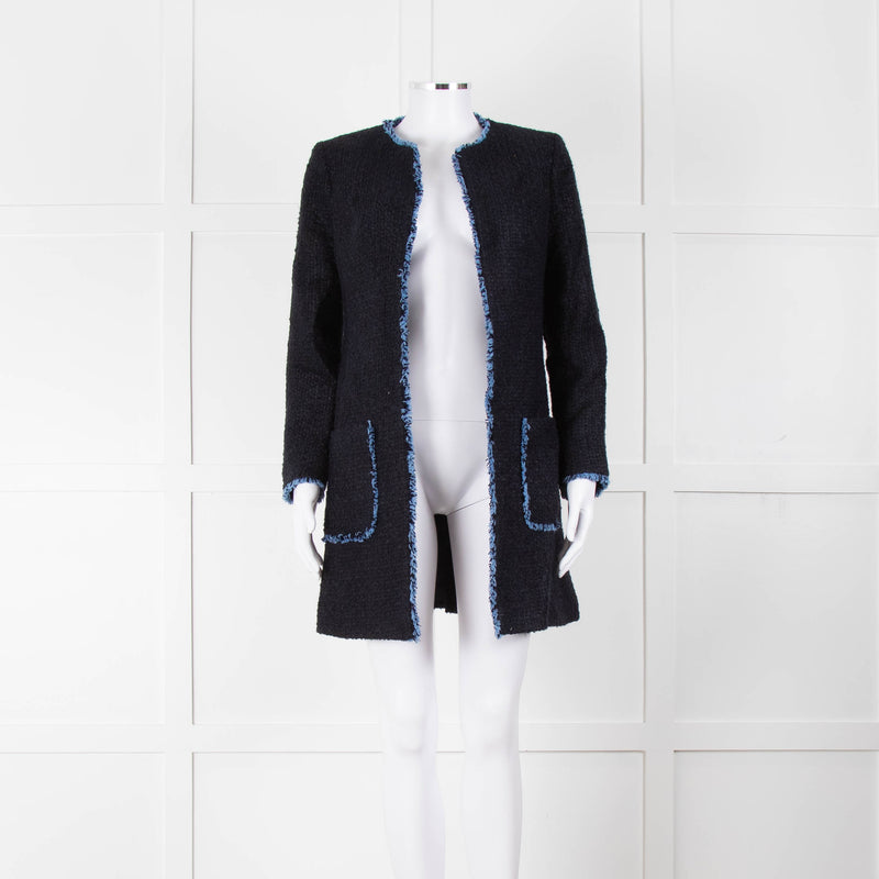 Helene Berman X Trilogy Navy Boucle Coat with Blue Fringe Trim