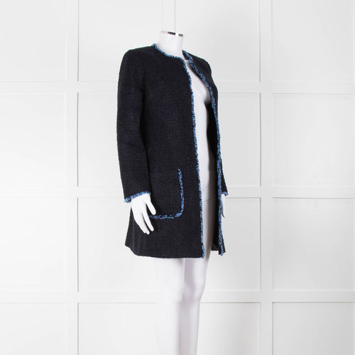 Helene Berman X Trilogy Navy Boucle Coat with Blue Fringe Trim