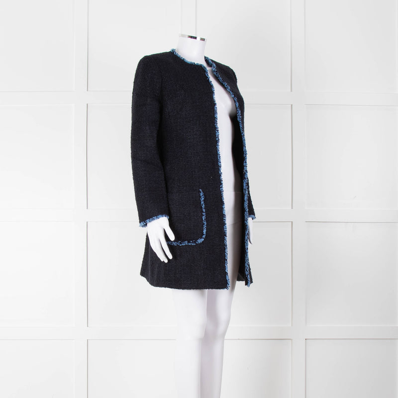 Helene Berman X Trilogy Navy Boucle Coat with Blue Fringe Trim