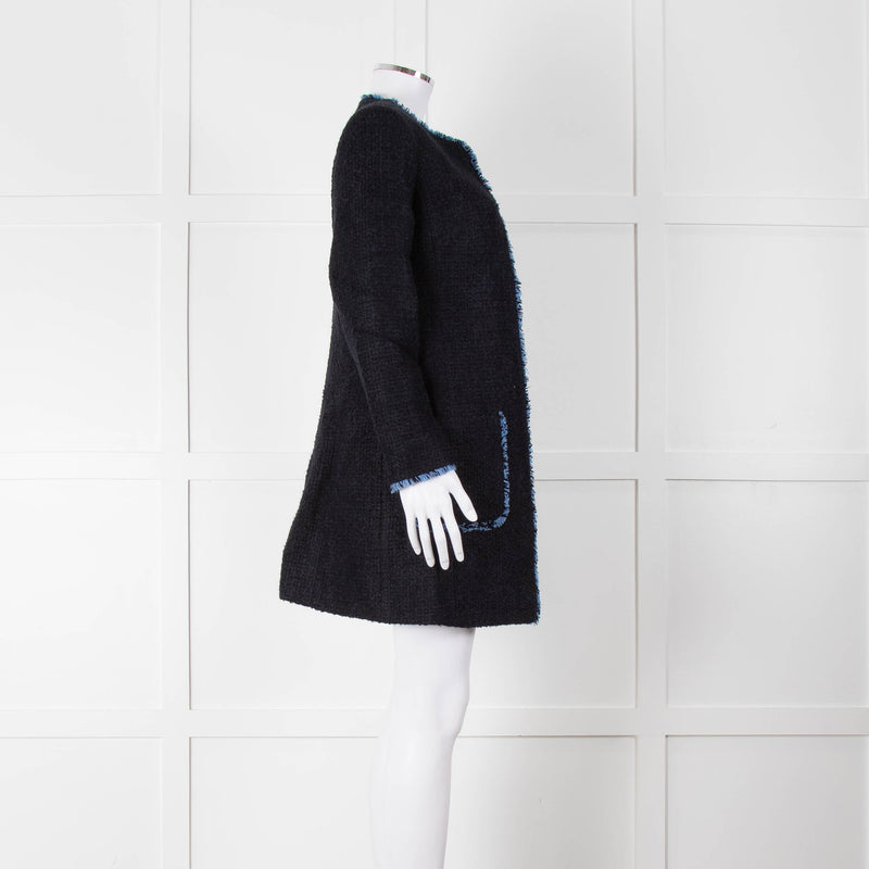 Helene Berman X Trilogy Navy Boucle Coat with Blue Fringe Trim