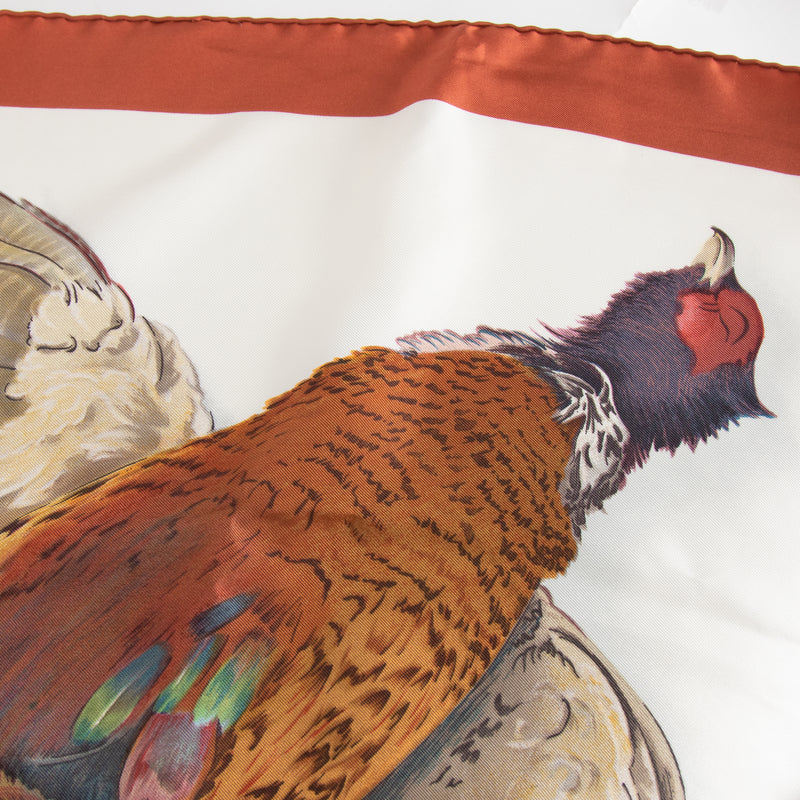 Hermes Cream Rust Gold Silk Belle Chasse Pheasant Print Scarf