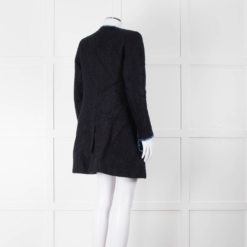 Helene Berman X Trilogy Navy Boucle Coat with Blue Fringe Trim