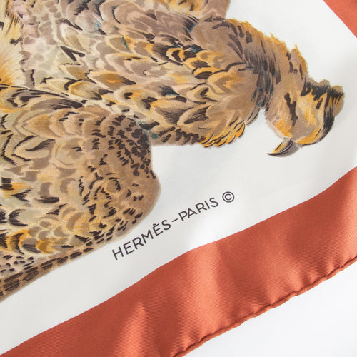 Hermes Cream Rust Gold Silk Belle Chasse Pheasant Print Scarf