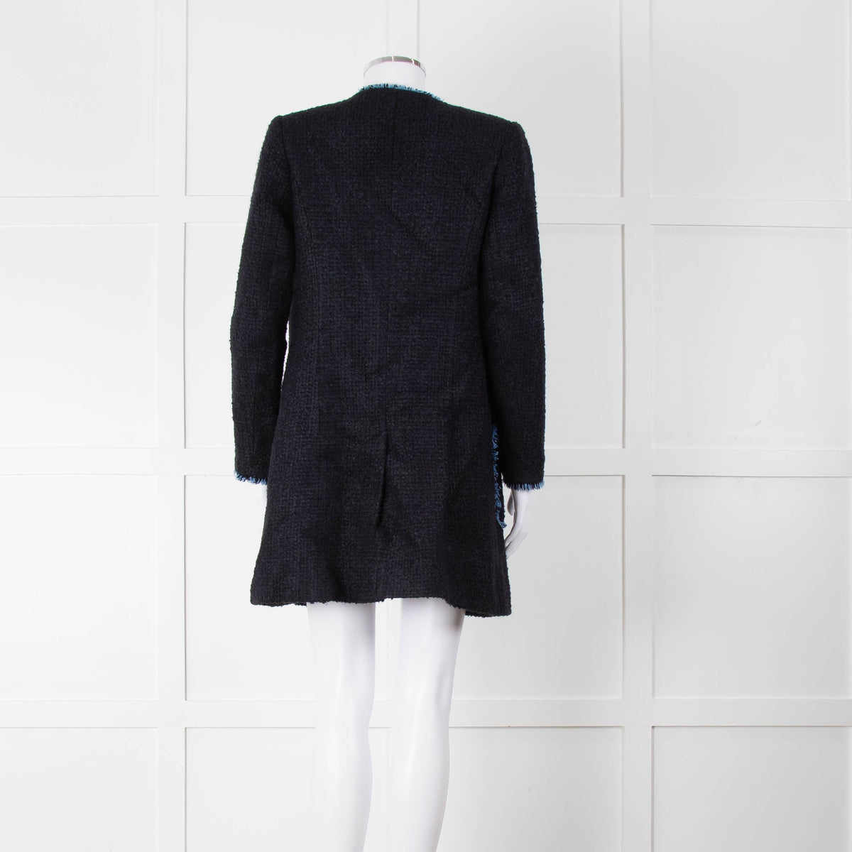 Helene Berman X Trilogy Navy Boucle Coat with Blue Fringe Trim