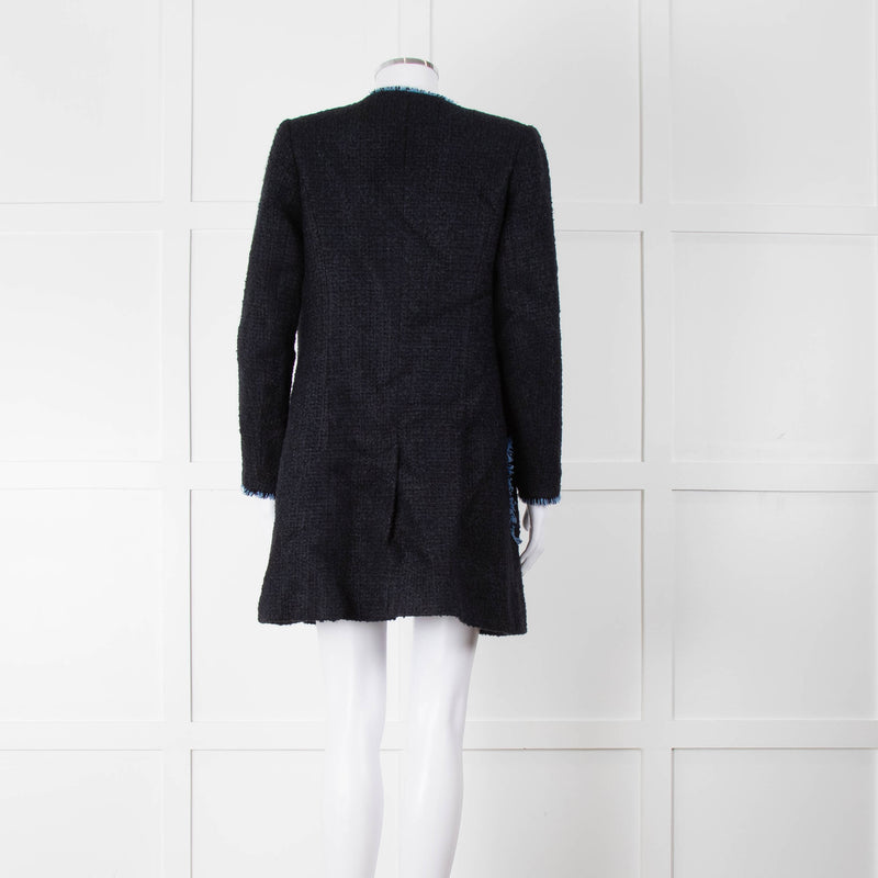 Helene Berman X Trilogy Navy Boucle Coat with Blue Fringe Trim