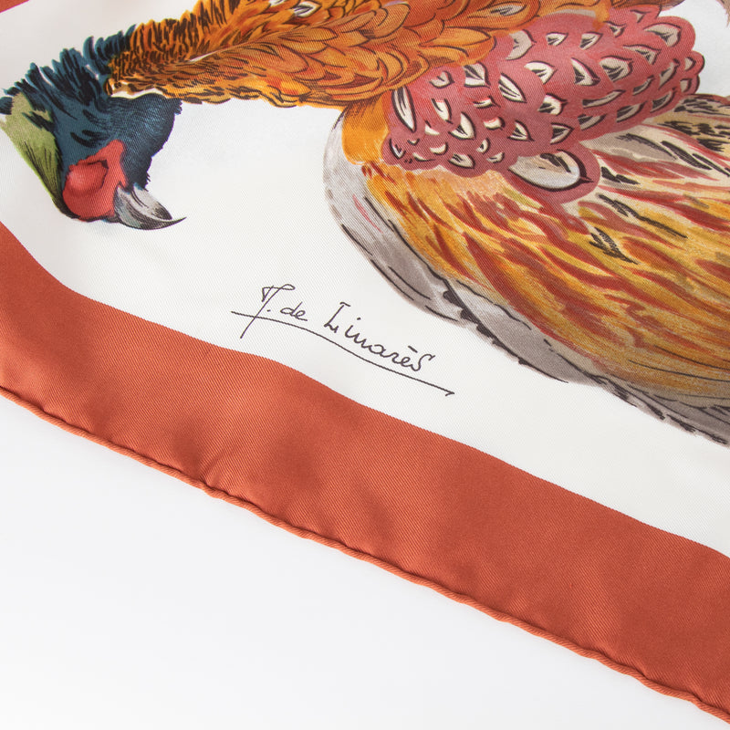 Hermes Cream Rust Gold Silk Belle Chasse Pheasant Print Scarf