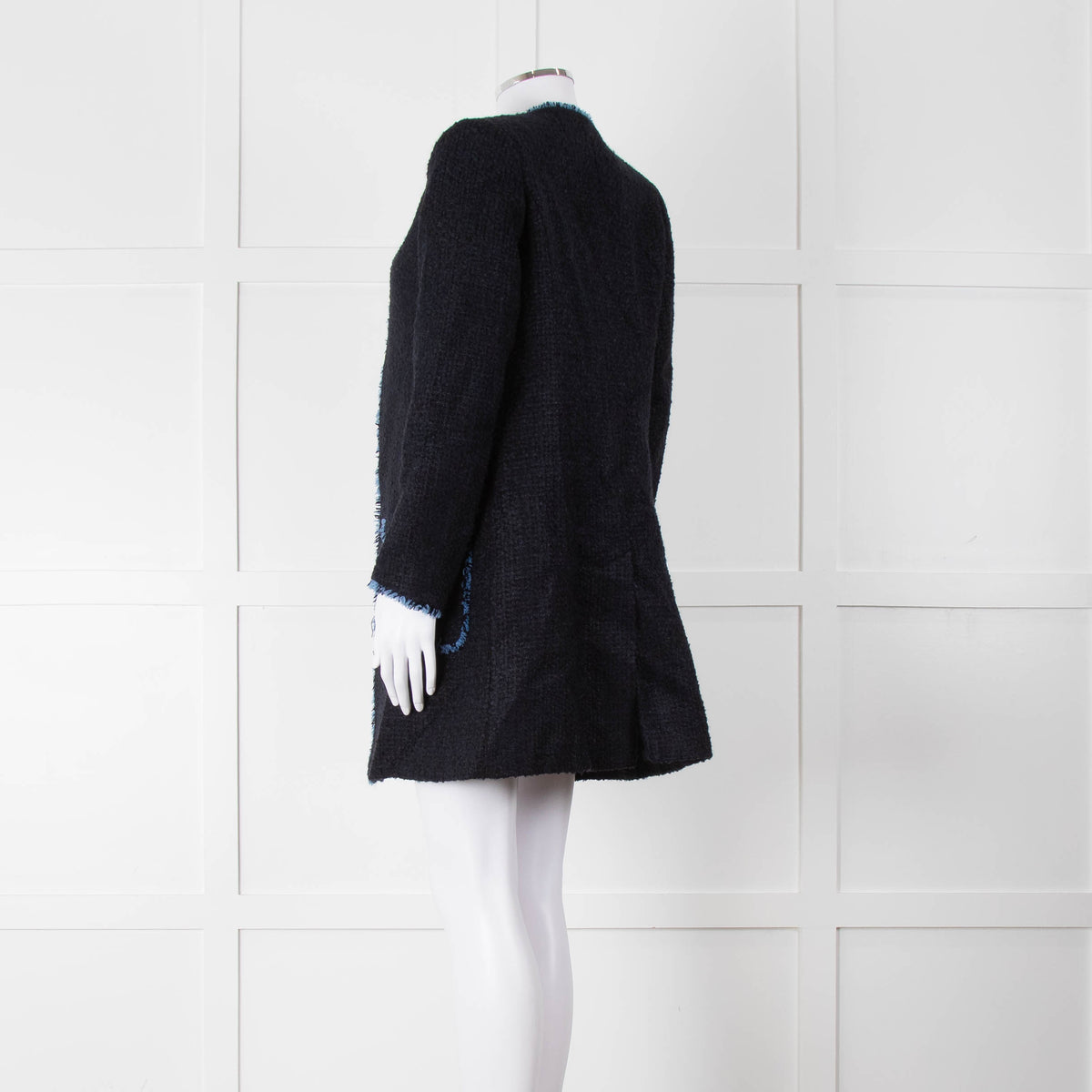 Helene Berman X Trilogy Navy Boucle Coat with Blue Fringe Trim