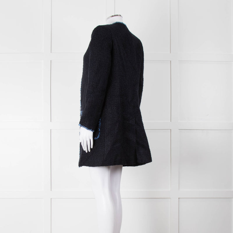 Helene Berman X Trilogy Navy Boucle Coat with Blue Fringe Trim