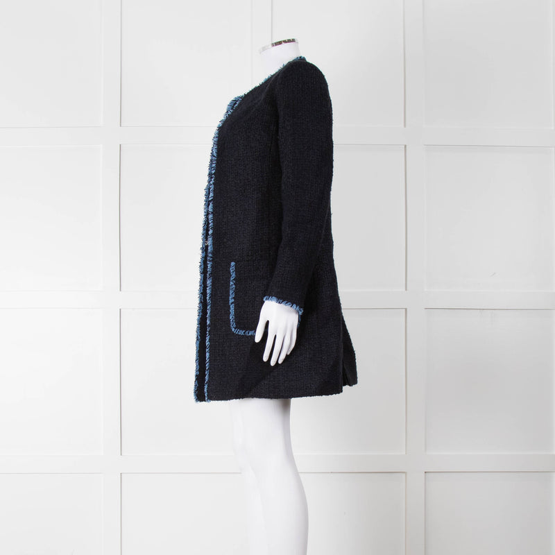 Helene Berman X Trilogy Navy Boucle Coat with Blue Fringe Trim