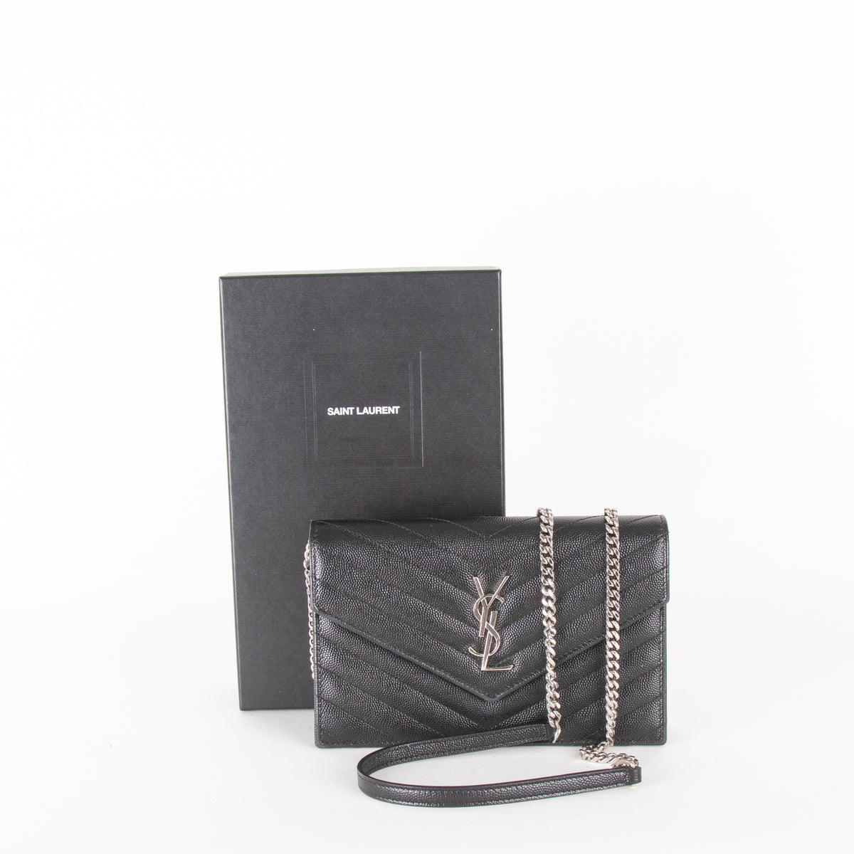 Saint Laurent Black Cassandre Envelope Chain Wallet with Chain