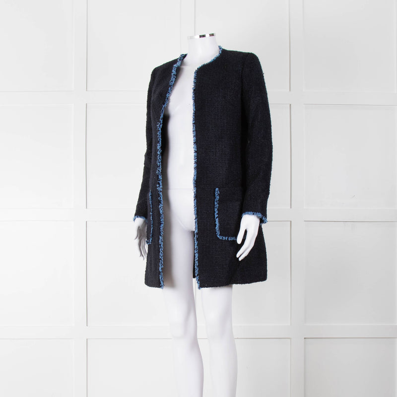 Helene Berman X Trilogy Navy Boucle Coat with Blue Fringe Trim