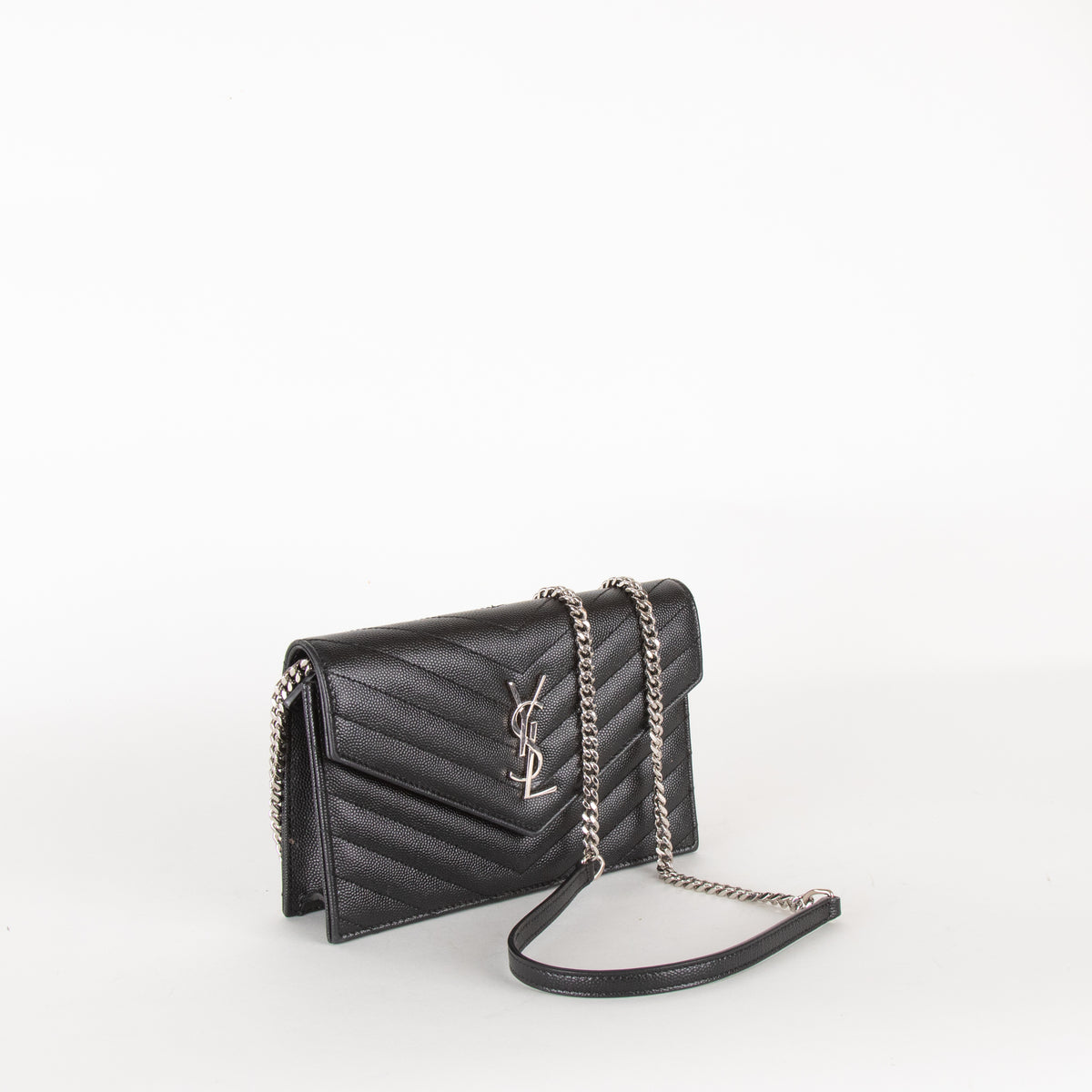 Saint Laurent Black Cassandre Envelope Chain Wallet with Chain