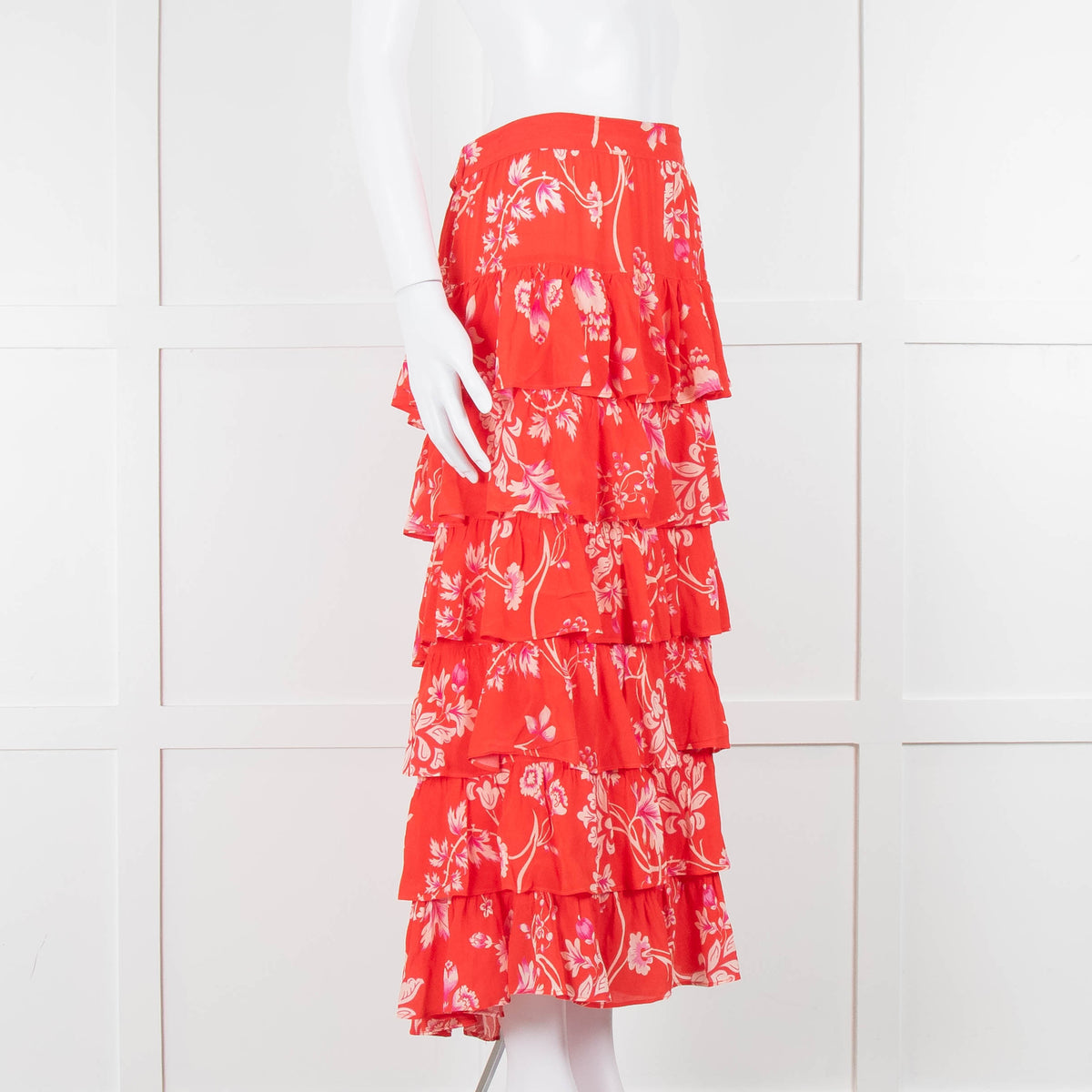 Rae Feather Red Floral Tiered Midi Skirt
