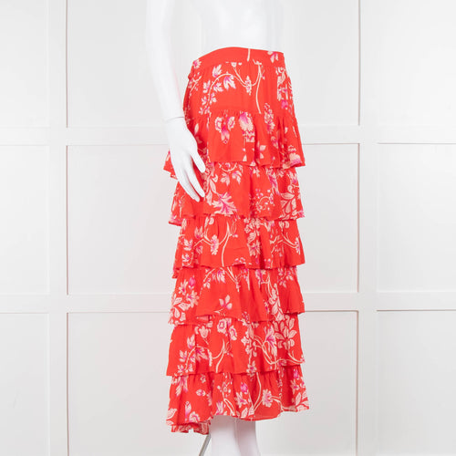 Rae Feather Red Floral Tiered Midi Skirt