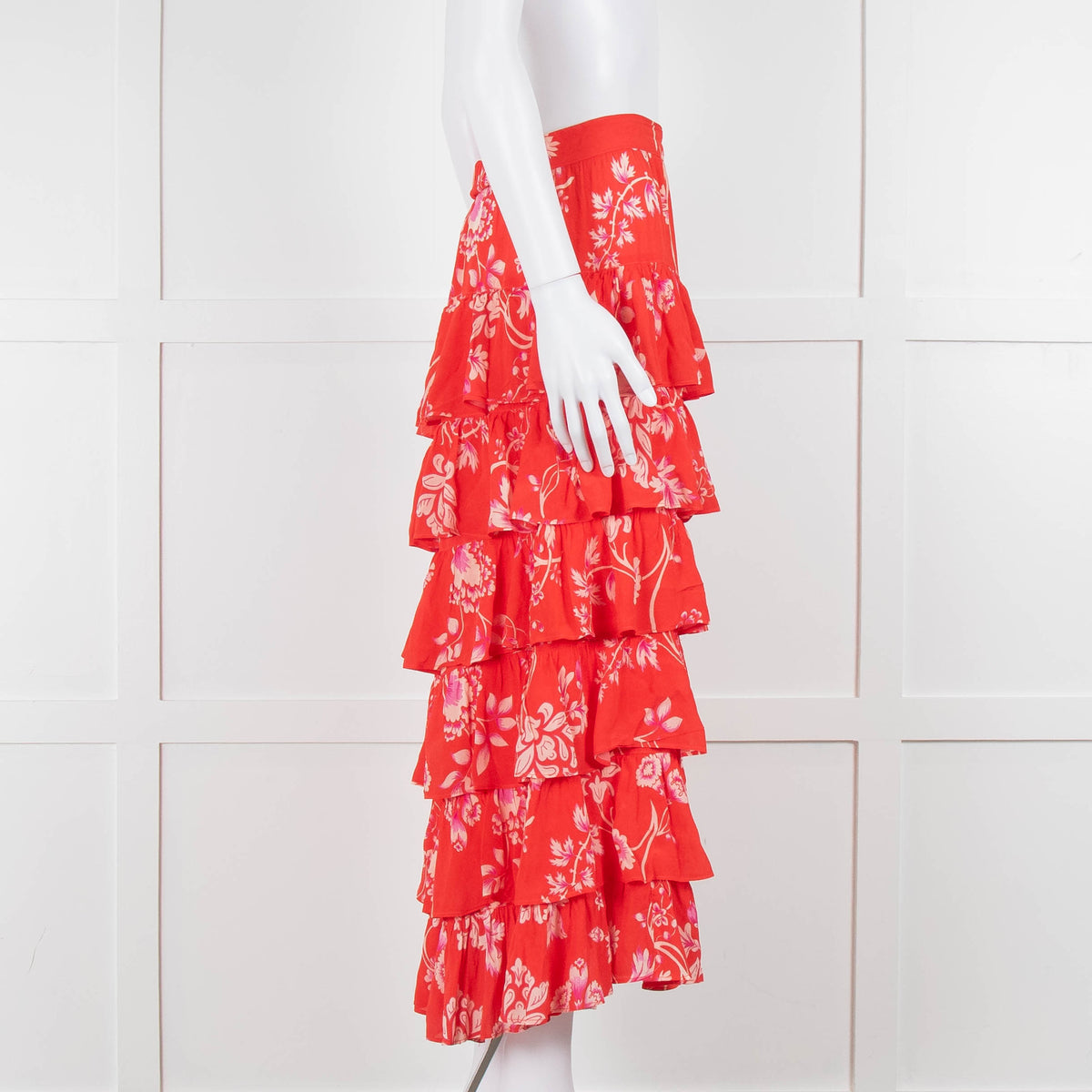 Rae Feather Red Floral Tiered Midi Skirt