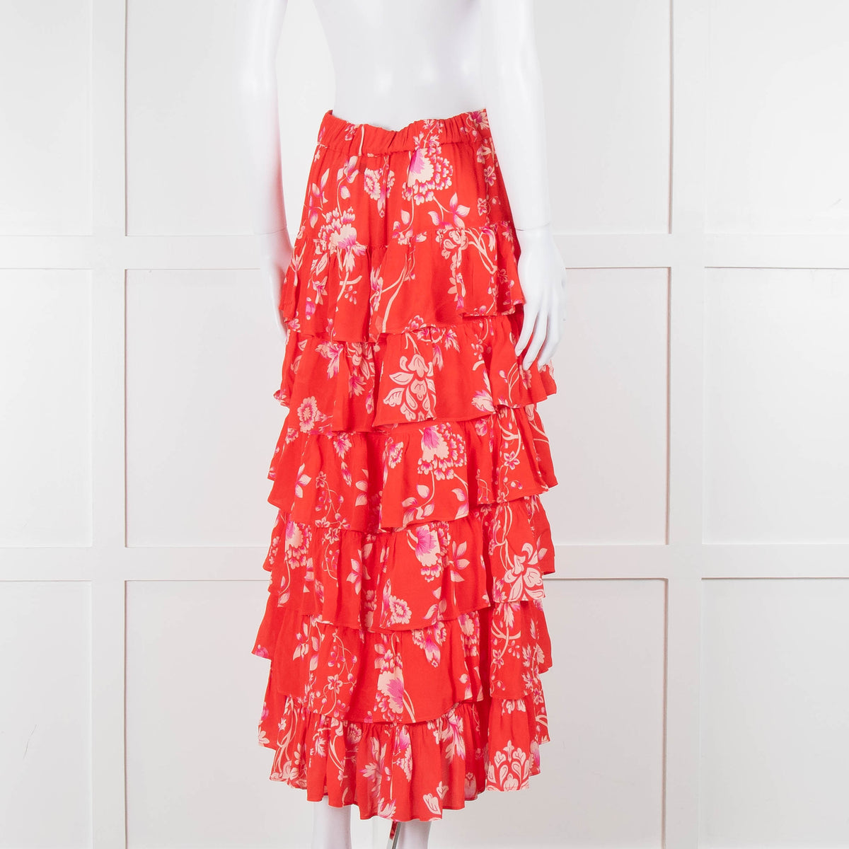 Rae Feather Red Floral Tiered Midi Skirt