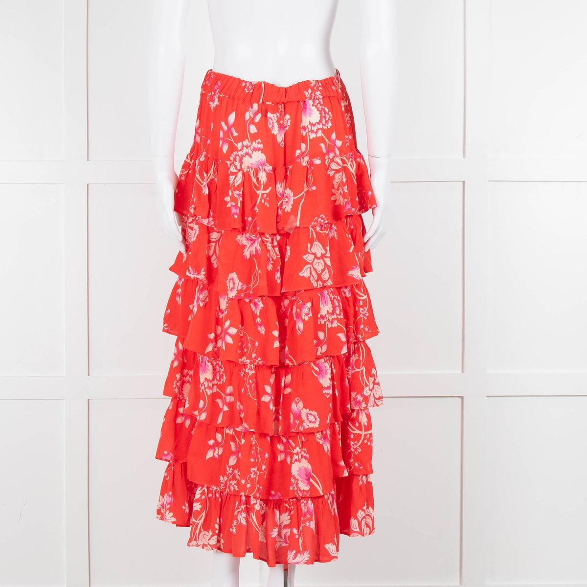 Rae Feather Red Floral Tiered Midi Skirt