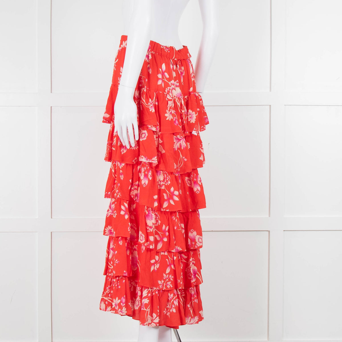 Rae Feather Red Floral Tiered Midi Skirt