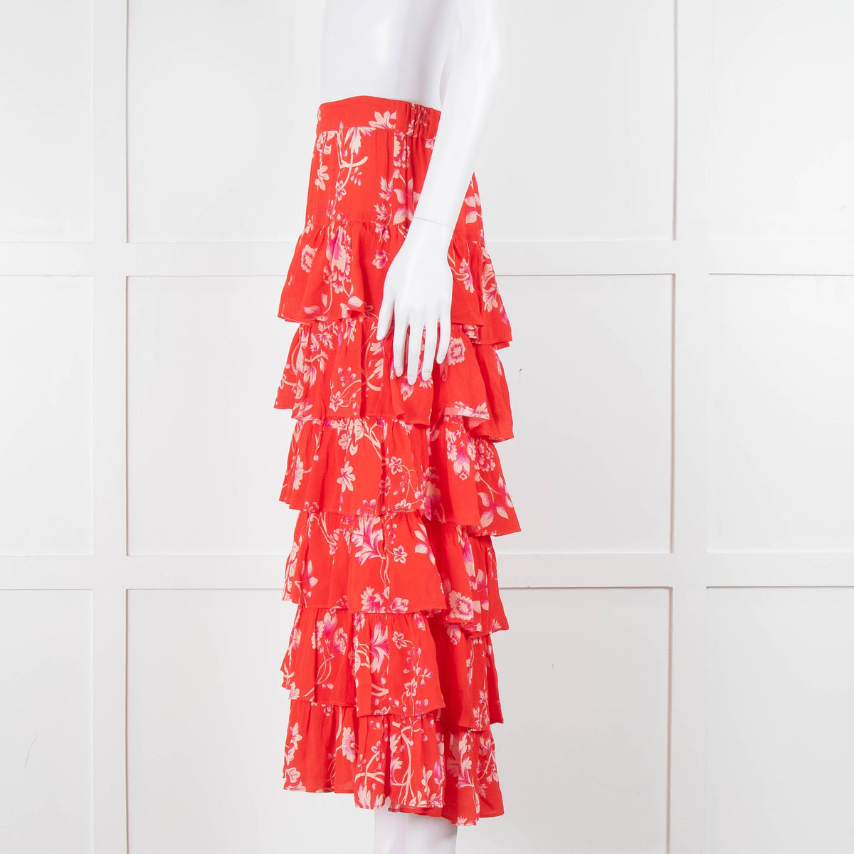 Rae Feather Red Floral Tiered Midi Skirt