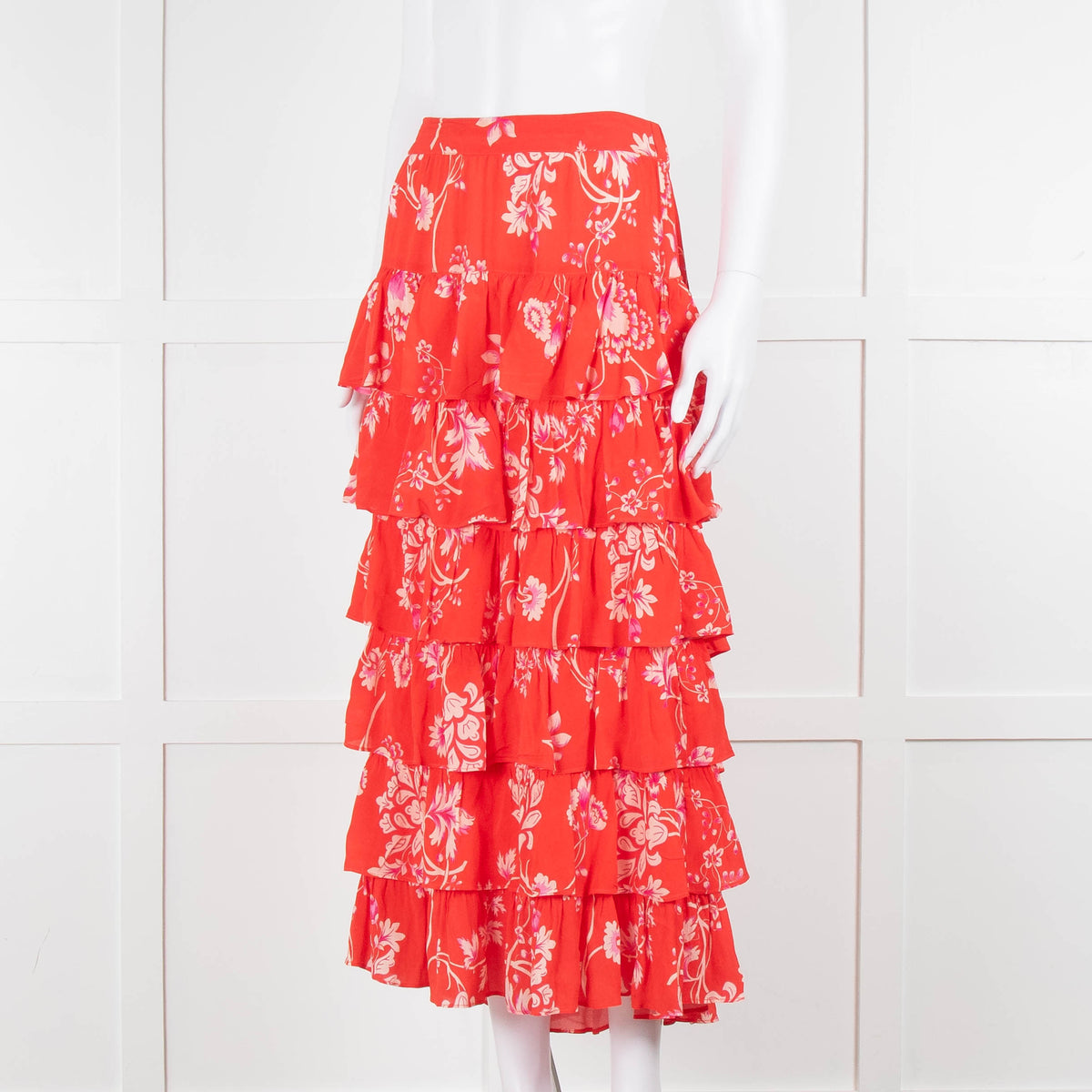 Rae Feather Red Floral Tiered Midi Skirt