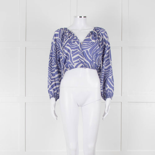 Rails Blue and White Geometric Crop Peasant Blouse