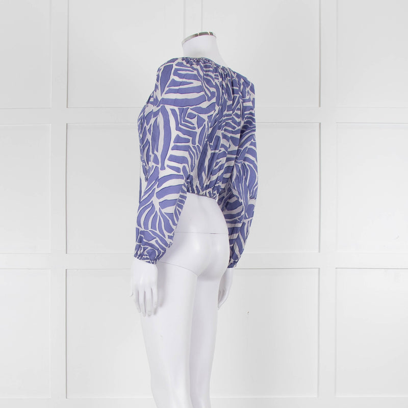 Rails Blue and White Geometric Crop Peasant Blouse