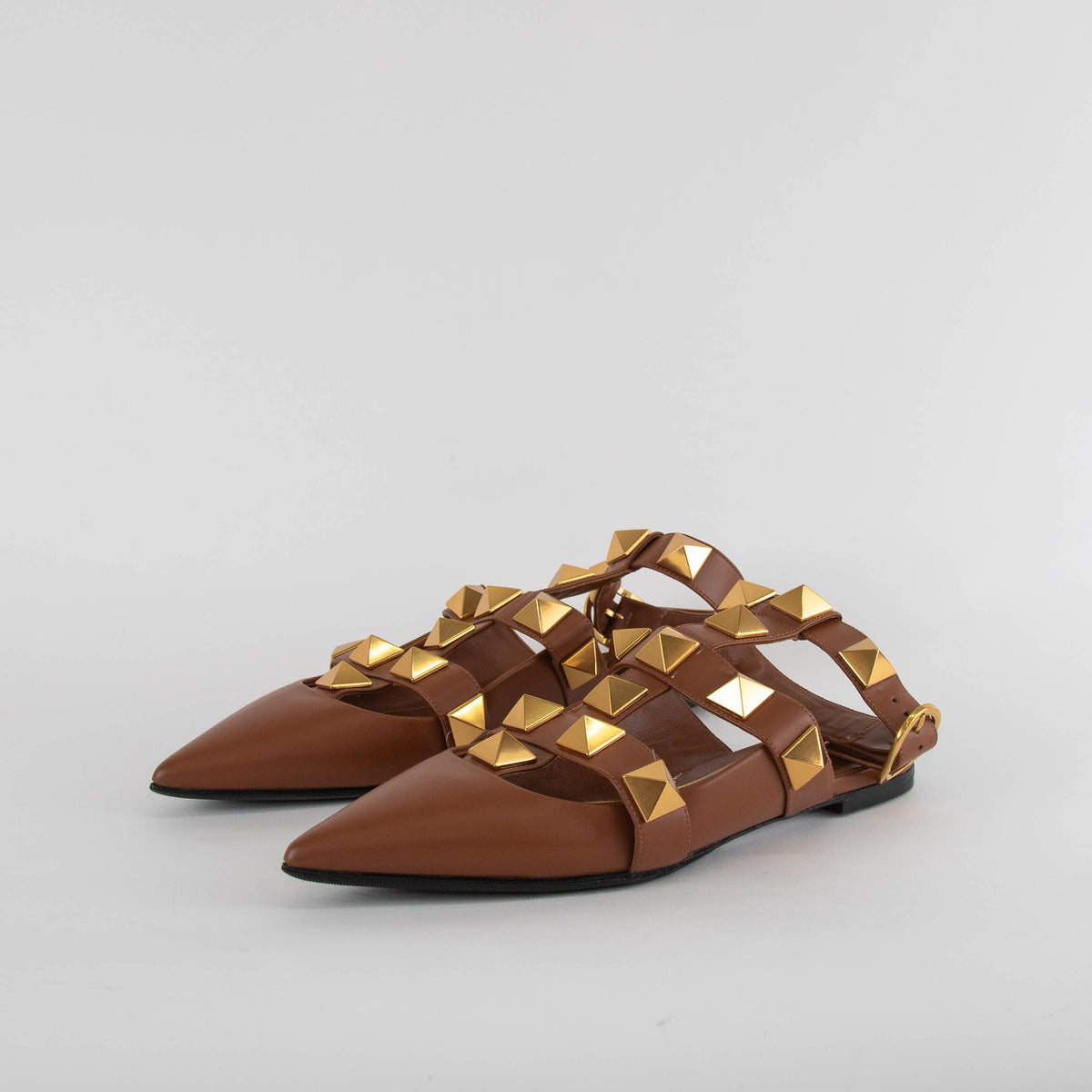Valentino Garavani Tan Roman Stud Point-Toe Flat Sandals