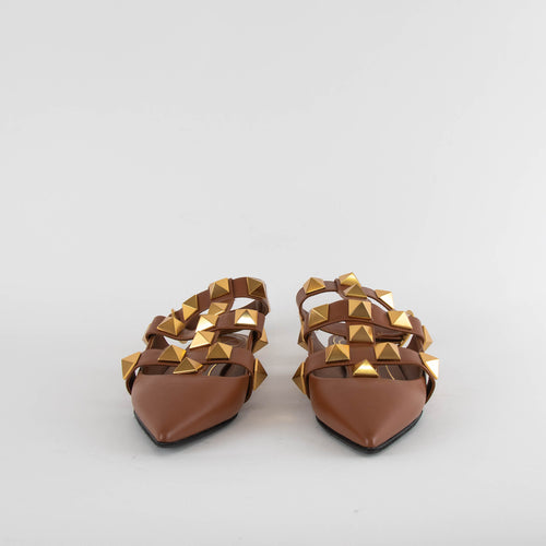 Valentino Garavani Tan Roman Stud Point-Toe Flat Sandals