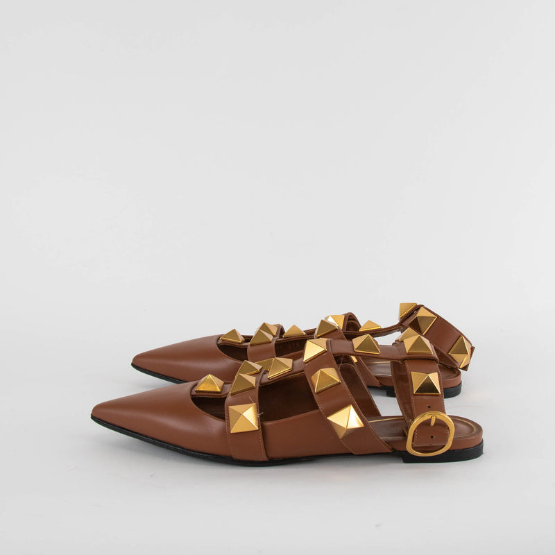 Valentino Garavani Tan Roman Stud Point-Toe Flat Sandals