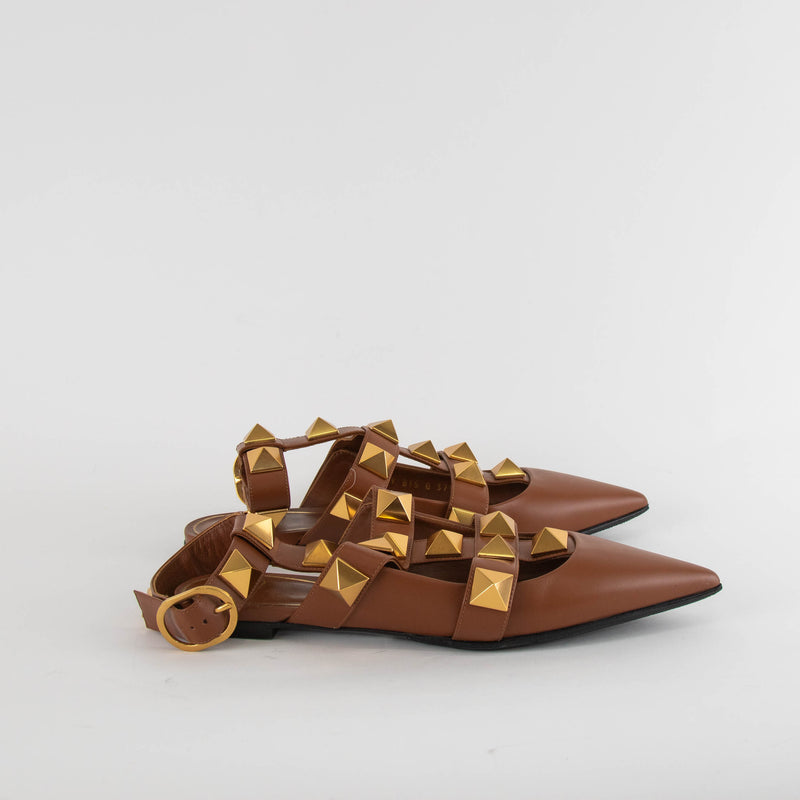 Valentino Garavani Tan Roman Stud Point-Toe Flat Sandals